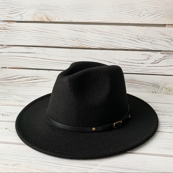 BLACK WOOL WIDE BRIM PANAMA FEDORA HAT BLOGGER - Picture 2 of 2